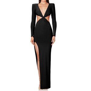 Nookie Jewel Long Sleeve Cut Out Waist Open Back Side Slit Formal Gown Black XL